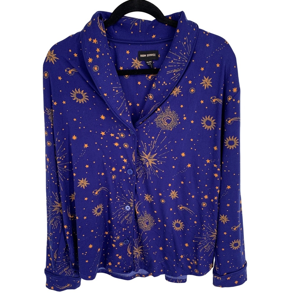 Room Service Celestial Star Moon Print Pajama Top XXL Blue Gold Lounge Shirt